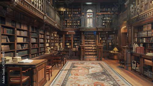 Old Library or Bookshop with Abundant Books on Shelves
