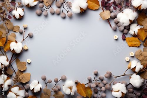 Frame of branches, cotton flowers, dry leaves on pastel gray background, Autumn, fall concept, Flat lay, top view, copy space.