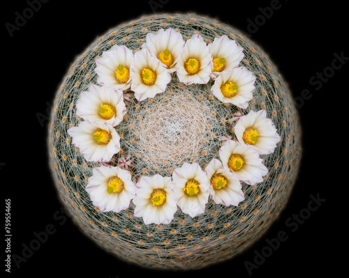 Cactus flower with white petals on black background, top view