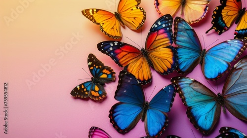 Group of Colorful Butterflies on Pink Background