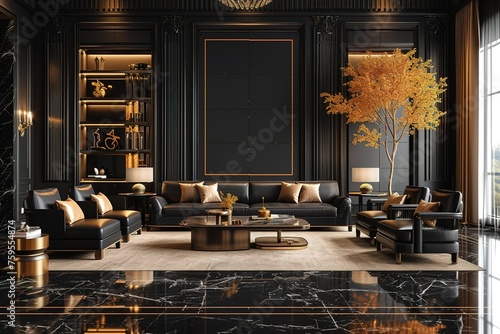Luxury classical style superior black living room interior 3d render ,There are black marble floor black leather furniture ,decorated with golden plam tree