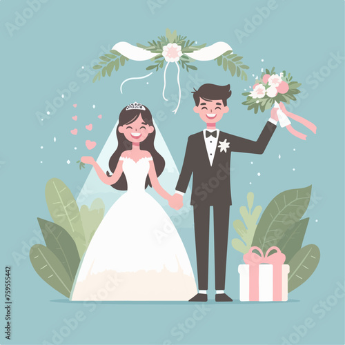 Illustration of a happy bride and groom with bouquet on blue background