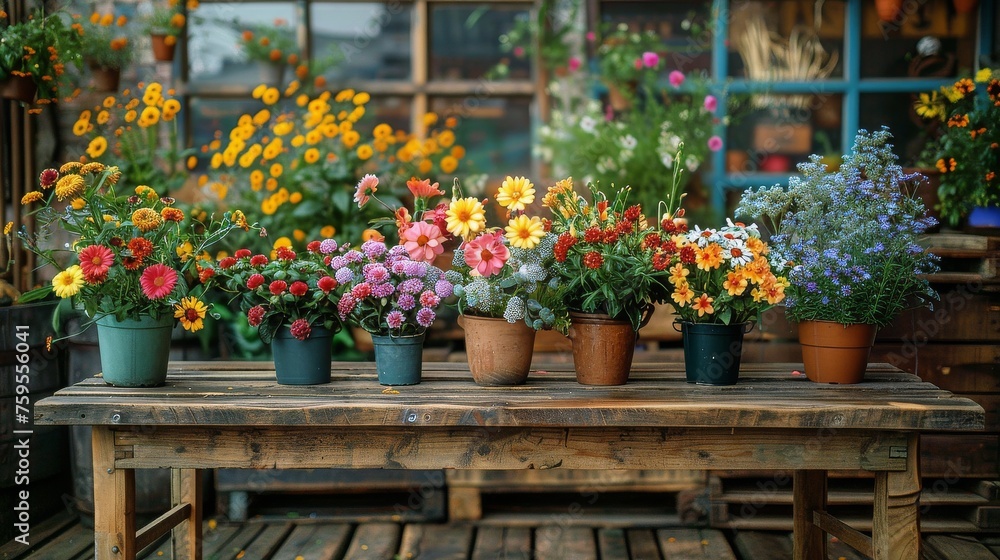 Wooden Table Covered With Colorful Flowers