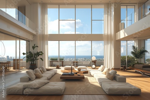 Modern living room interior in a penthouse with huge windows. Designed using.