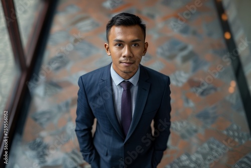 top view photo of an asian business man in a suit looking up at the camera