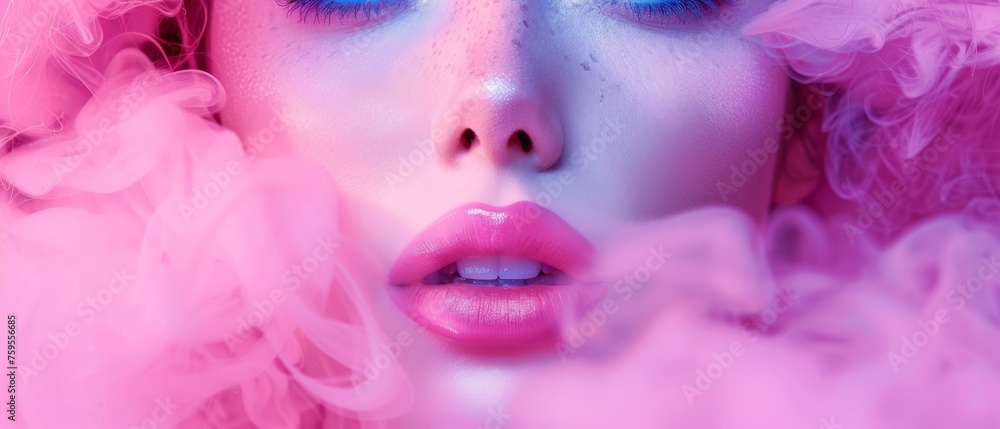  a close up of a woman with blue eyes and pink hair with pink smoke coming out of her face and pink smoke coming out of her face.