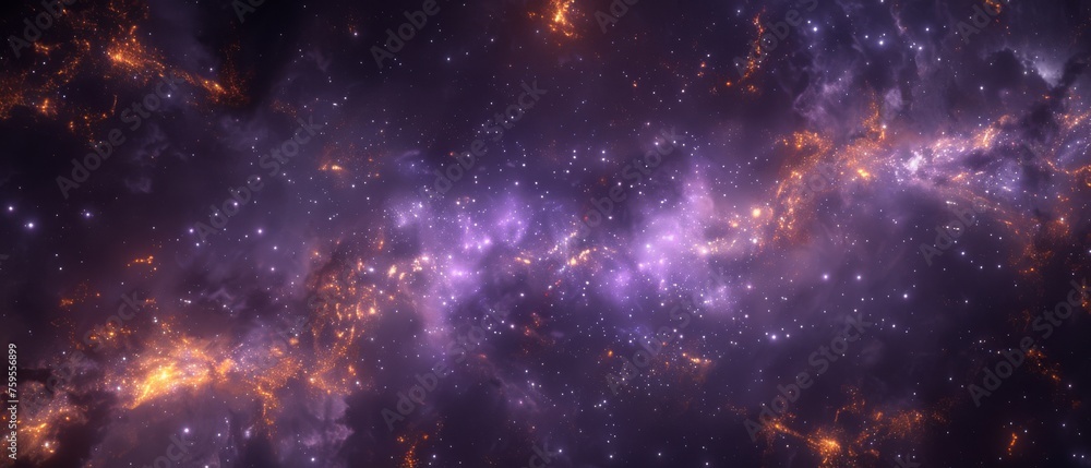  a space filled with lots of stars next to a sky filled with lots of purple and yellow stars in the middle of the night. - obrazy, fototapety, plakaty 