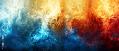  a group of different colored smokes on a blue, yellow, red, and orange background that looks like something out of space.