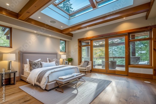 Bedroom in new luxury home with hardwood floors, sliding glass door leading to patio, and skylights with wood cross beams and elegant pendant light © Ammar