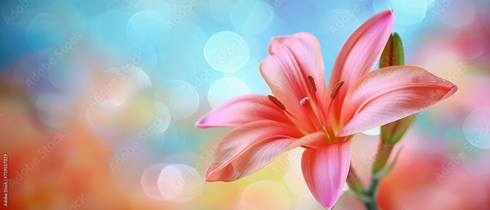 a close up of a pink flower with blurry lights in the background and a blue sky in the background. a close up of a pink flower with blurry lights in the background and a blue sky in the background.