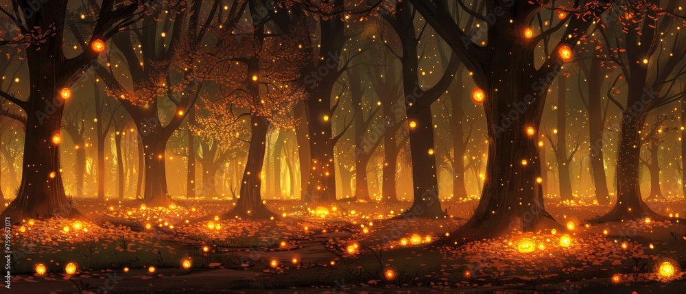 a painting of a forest with lots of fireflies flying over the trees and a lot of leaves on the ground. a painting of a forest with lots of fireflies flying over the trees and a lot of leaves on the ground.