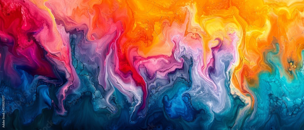 an abstract painting of multicolored fluid paint on a black background with orange, pink, blue, and yellow colors. an abstract painting of multicolored fluid paint on a black background with orange, pink, blue, and yellow colors.