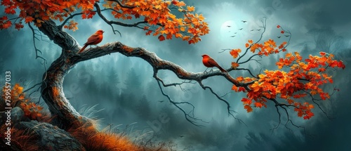  a painting of two red birds perched on a tree branch in a dark, spooky, spooky forest.