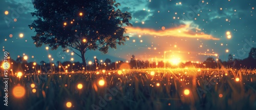  a night scene with fireflies flying over a field of grass and a tree with a sunset in the background.