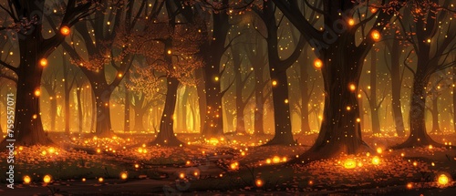  a painting of a forest with lots of fireflies flying over the trees and a lot of leaves on the ground.