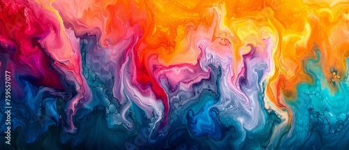  an abstract painting of multicolored fluid paint on a black background with orange, pink, blue, and yellow colors.