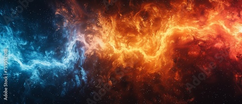  a close up of a space scene with a bright orange and blue fire and ice like substance in the center of the image.
