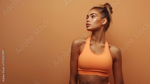 portrait of a fit, young woman in an orange fitness top posing on a studio background with copyspace