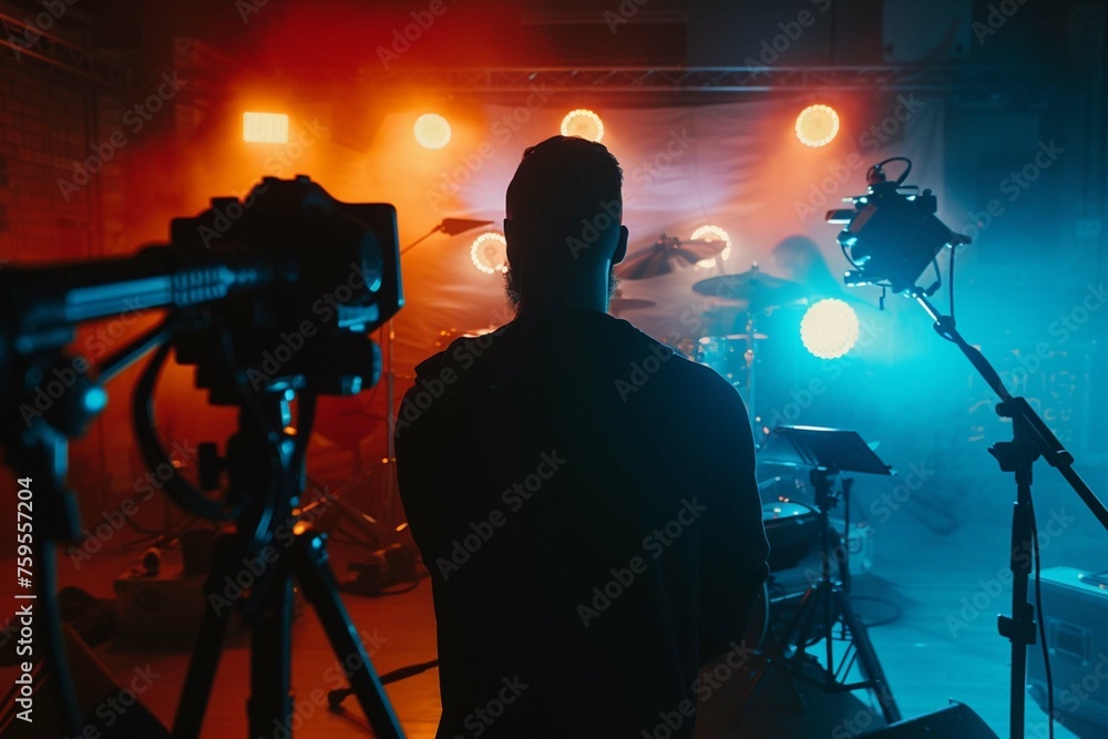 Behind the scenes of shooting video production and lighting set for filming movie which film crew team working in silhouette and professional equipment in studio for video. video production concept
