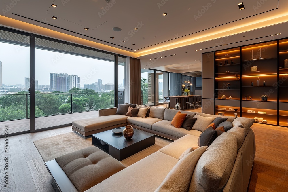 Modern luxury spacious penthouse living room interior design with comfortable sofa, coffee table