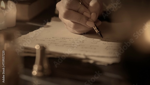 Female in antique outfit writes with feather pen. Close up shot of woman writing a letter with vintage quill on old parchment paper. photo