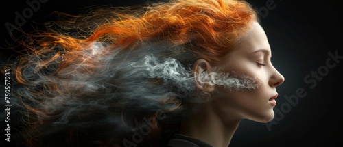  a woman with red hair and white smoke coming out of her face and behind her head is a black background.