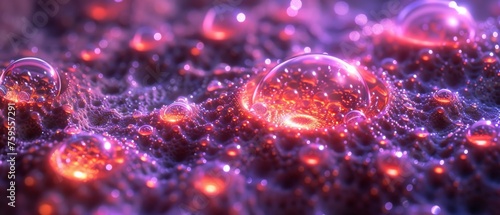  a group of bubbles floating on top of a black surface with orange and pink lights in the middle of the bubbles.
