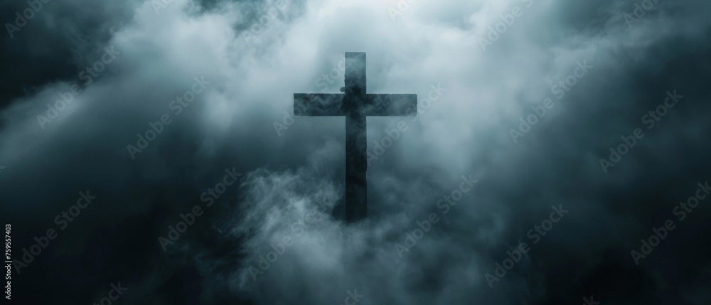  a cross in the middle of a dark cloudy sky with a bright light shining through the clouds on the top of it.