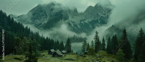  a foggy mountain scene with a cabin in the foreground and pine trees on the far side of the mountain. photo