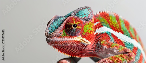  a close up of a colorful chamelon's head and body on a white background with a gray background. © Jevjenijs