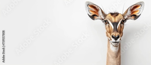  a close up of a giraffe's head with a white wall in the background and a white wall in the background.