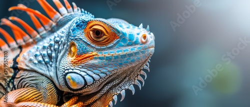  a close up of an iguana s head with orange and blue stripes on it s body.