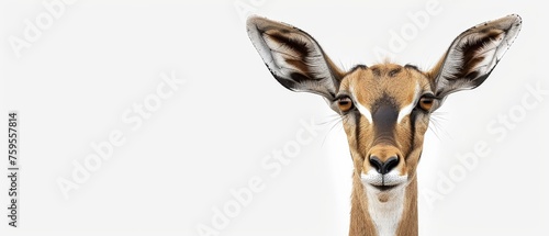  a close up of a goat's face on a white background with a black spot on the right side of the face.