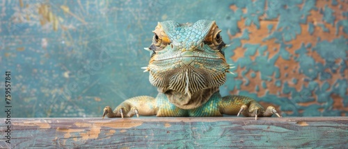  a close up of a lizard sitting on a wooden surface with a rusted wall behind it and a blue wall behind it. © Jevjenijs