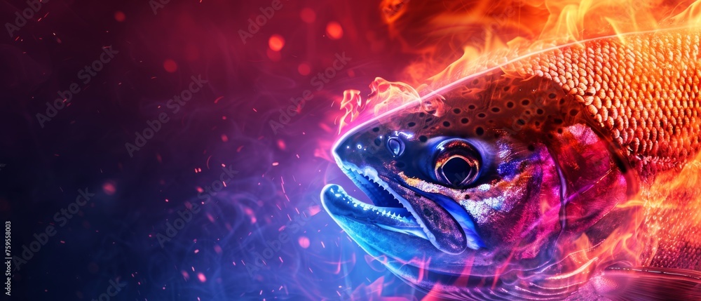  a close up of a fish on fire with a background of red, orange, and blue fire and water.