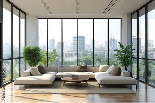 Modern white living room with city view 3d render,Decorate with white fabric and black metal furniture ,The room has large windows,Sunlight shines into the room.