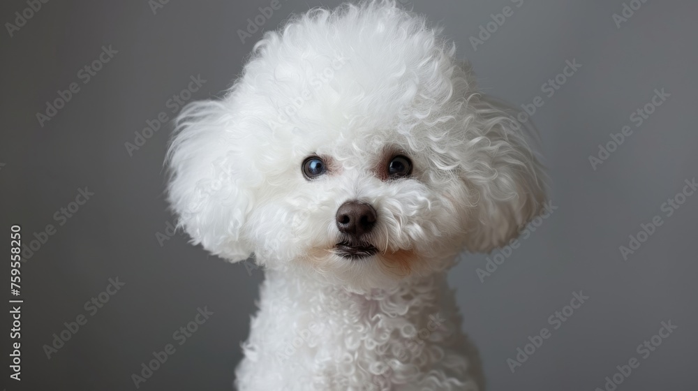 a close up of a white dog with a black nose and frizzy fur on it's head. a close up of a white dog with a black nose and frizzy fur on it's head.