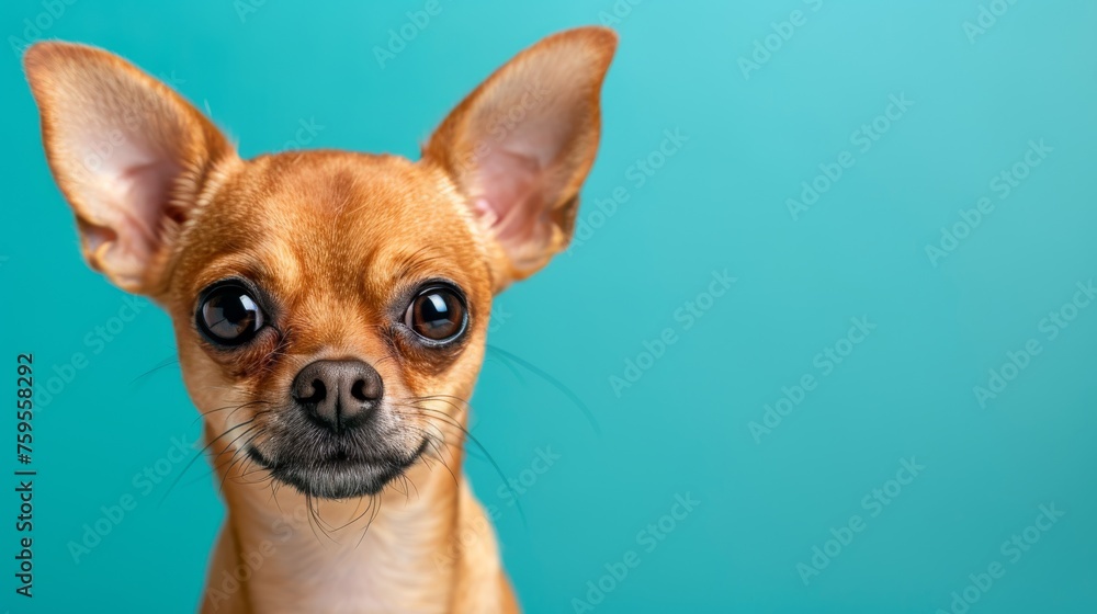  a close up of a small dog's face looking at the camera with a serious look on it's face.
