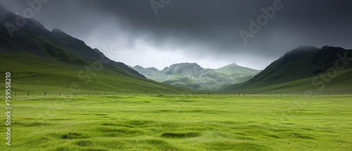  a lush green field surrounded by mountains under a cloudy sky in the middle of a valley with a fence in the foreground.
