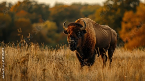  a bison is standing in a field of tall brown grass with trees in the backgrouds in the background.