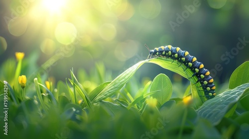  a close up of a caterpillar on a leaf in a field of grass with the sun in the background. photo