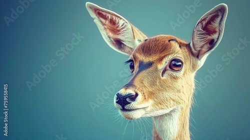  a close up of a deer's face on a blue background with a blurry image of the deer's head. © Jevjenijs