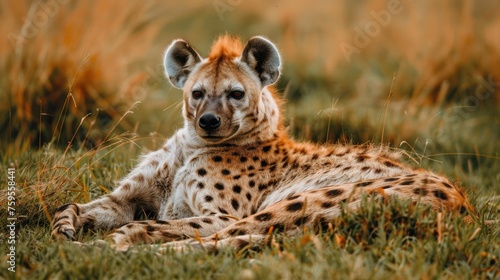  a close up of a hyena laying in a field of grass with tall brown grass in the background.