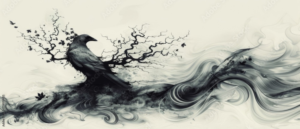  a black and white painting of a bird sitting on a tree branch with a swirly pattern on it's body.
