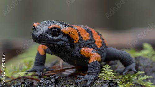  a small orange and black frog sitting on top of a moss covered rock and looking at the camera with a blurry background.