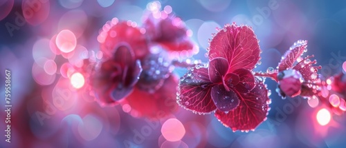  a close up of a red flower with drops of water on it and a blurry background of blue and pink.