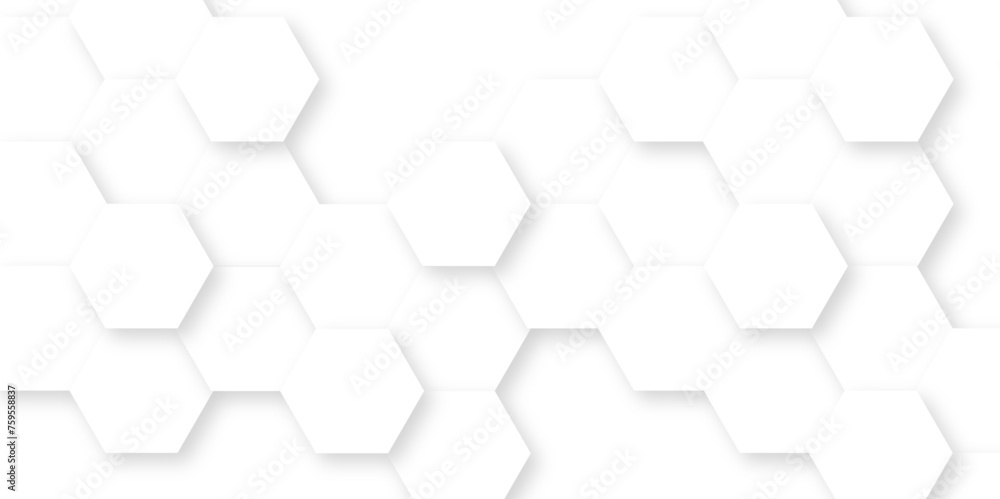 Abstract white background with hexagons pattern. White abstract vector wallpaper with hexagon grid. 3D technology Futuristic honeycomb mosaic white background.	 - obrazy, fototapety, plakaty 