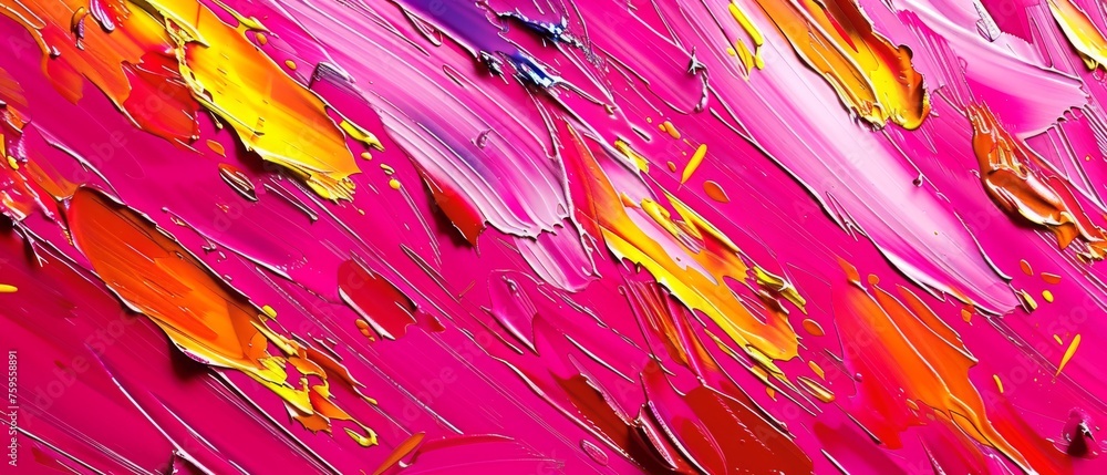 a close up of a pink and yellow painting with lots of paint splattered on the side of it.