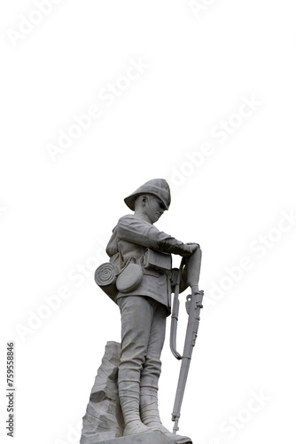 Memorial monument sculpture of a soldier   remembering brave soldiers who sacrificed their lives in war.  Isolated on white background