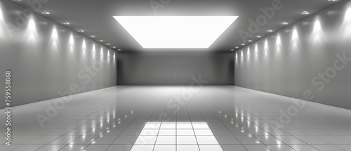  an empty room with lights on the ceiling and a tiled floor with white tiles on both sides of the room and a skylight in the middle of the room.